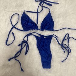 New small satin blue micro bikini dancer festival rave outfit y2k swimsuit dance  N