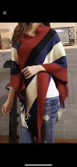 Women's Elegant Knitted Shawl Poncho with Fringed V-Neck Striped Sweater Pullover