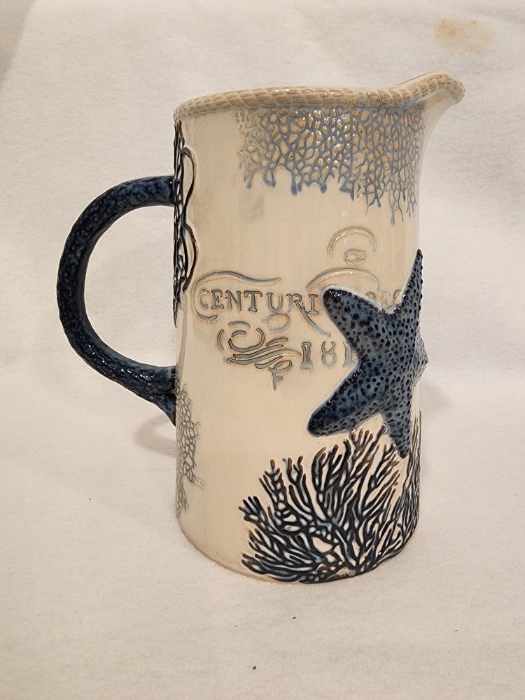 RARE Cracker Barrel STONEWARE COASTAL SEASHELL LOBSTER Pitcher Vase 8.5" TALL