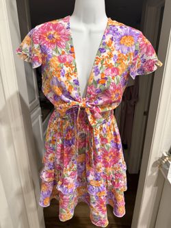 PrettyGarden Multicolor Floral Tie Front Dress Women's Small Smocked Waist Ruffle