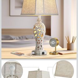 25'' Farmhouse Table Lamp for Living Room Bedroom, 2 USB Ports Vintage Rustic Nightstand Desk Lamp with Nightlight, White Hollow Out Resin Lamp for En