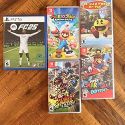 FC25 Soccer (PS5), Mario Rabbids, PacMan re-pac, Mario Strikers, Super Mario Odyssey (Switch$