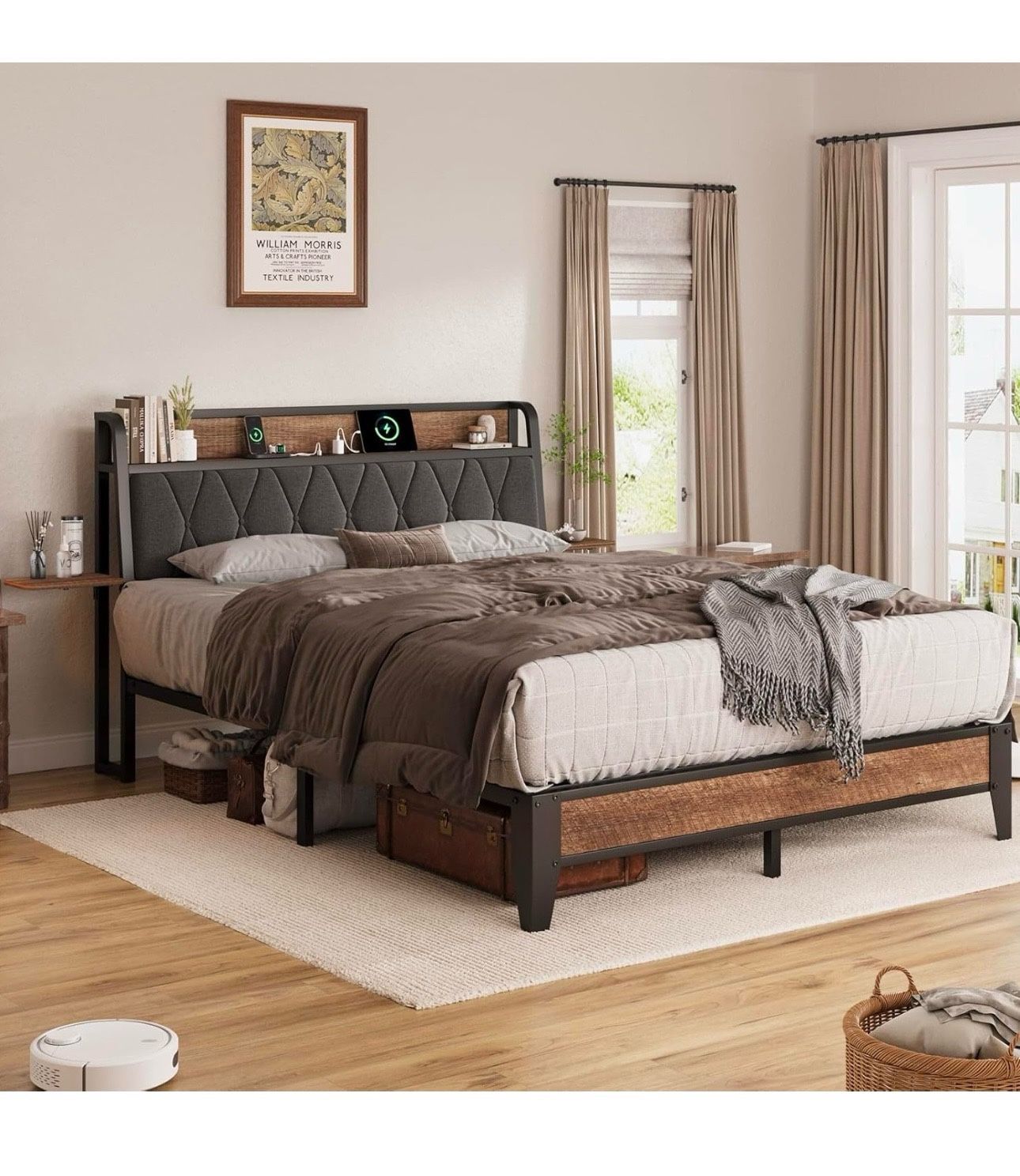 King Size Bed Frame with Side Storage Shelf, Ergonomic Upholstered Headboard with Charging tation, King Platform Bed Frame, Metal Slats Support, No Bo