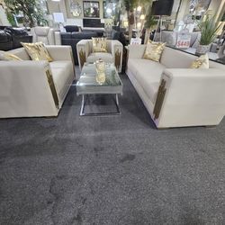 Brand new biege air leather modern 3PCs livingroom set with gold trimming