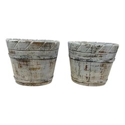 Vintage Rustic Hand-Carved Wooden Planter Buckets – Pair