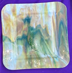 Handmade Fused Iridescent Glass Decorative Square Platter featuring a swirled, watercolor-style design in green, yellow, and white. B4R210