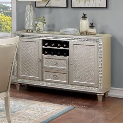Brand New Champagne Gold Server Buffet Dresser Console Entery Cabinet With Wine Rack Mirrored Accents And Glass Top Crocodile Embossed Panels Glam