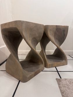 Pair of Hand-Carved Wood Twist End Tables