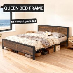 Queen Size Platform Bed Frame with Wooden Headboard and Footboard