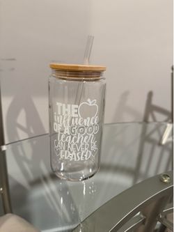 Teacher Appreciation Glass Cups with Bamboo Lids And Straw-16 ounce-  brand new