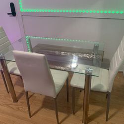 Modern Glass Top Dining Table w/ 3 Chairs & Breakfast Bench