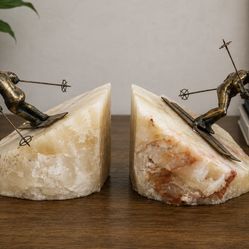 Signed Curtis Jeré Skier Bookends | Onyx Stone Bases | Mid Century Modern MCM