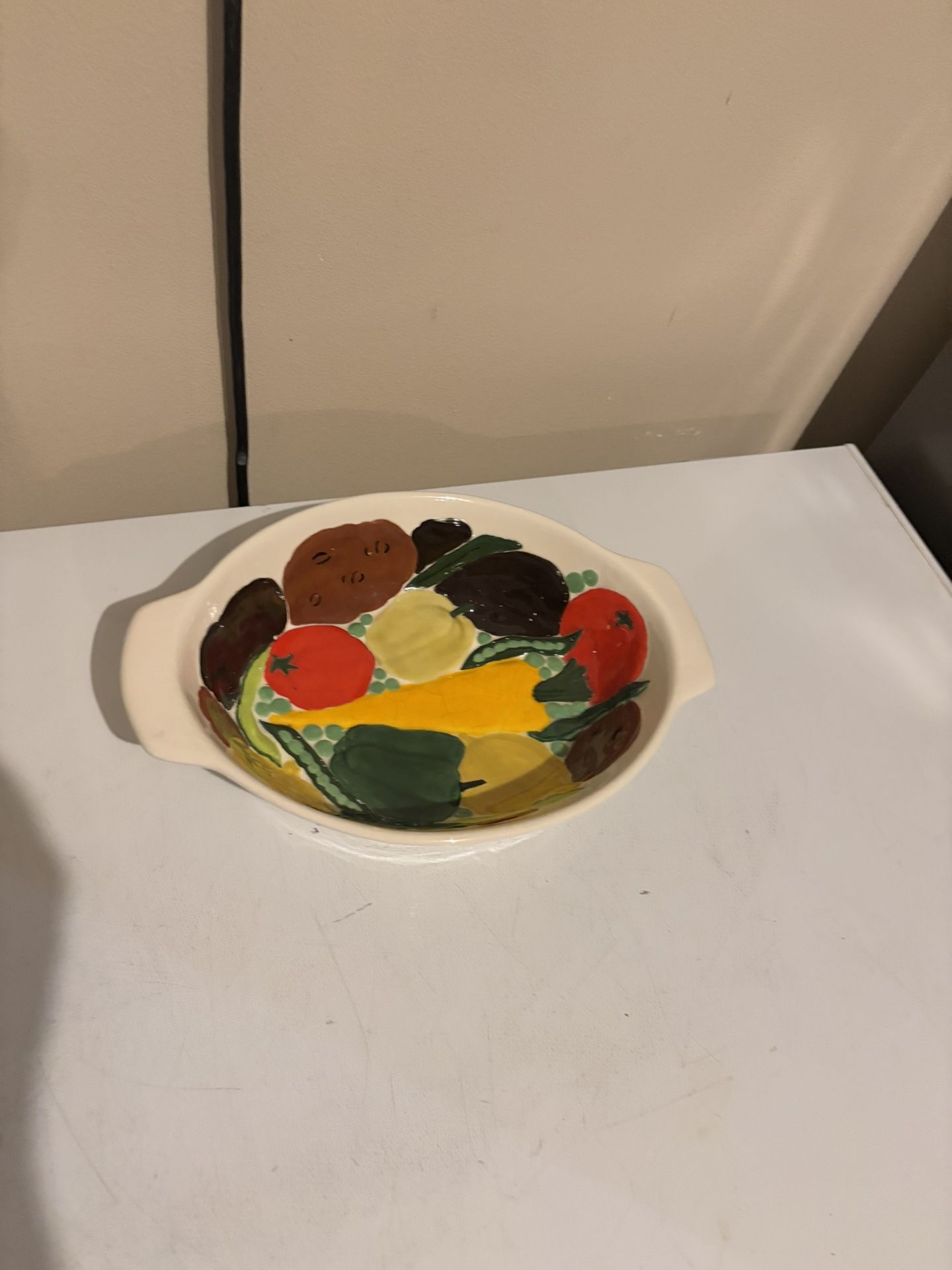 Vintage Atlantic Mold Ceramic Bowl Decorated Fruits & Vegetables