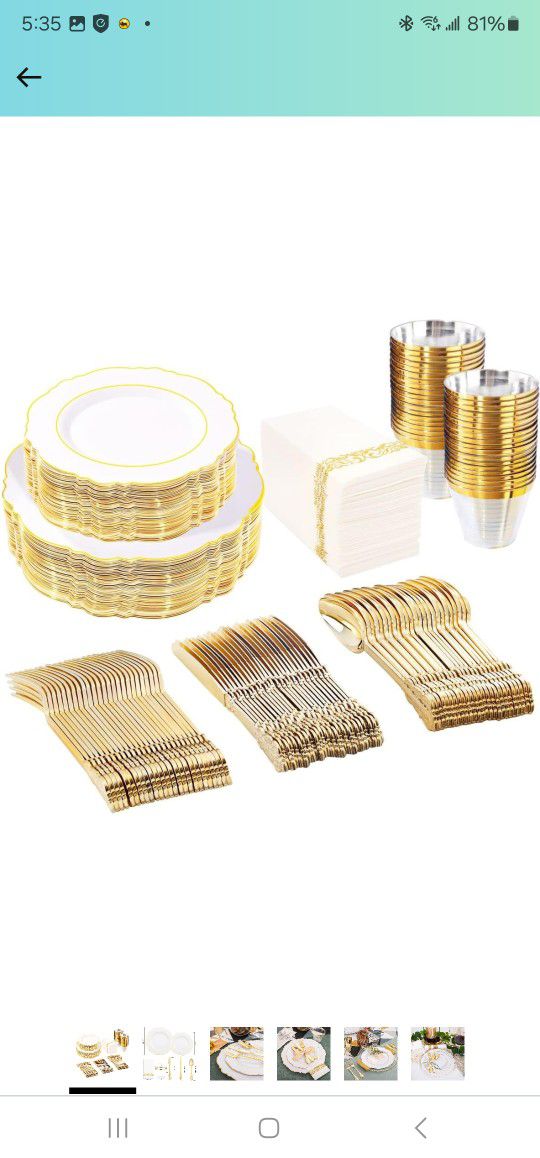 50Guest Gold Plastic Plates - Disposable White and Gold Plastic Plates