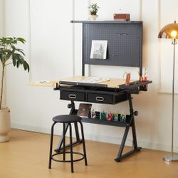 Drafting Table with Metal Peg Board Height Adjustable 0-70° Tilting Tabletop Art Desk for Adults Comes with Side Tray and 2 Storage Drawers
