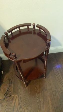 Vintage Round Dark Wood Accent Table with Spindle Railing & Shelf