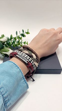 Adjustable Size up to 9.5inc Braided Multi-layer Leather Bracelet (Set of 4), Believe