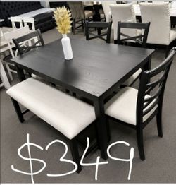 Black solid wood dining table with chairs and bench 60x36x30 "