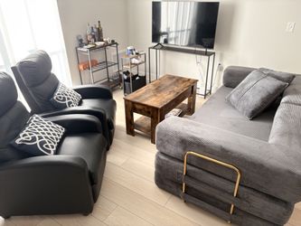 Living room set: coffee table, sofa bed and two reclining chair