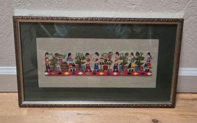 Vtg Slovak Folk Art Embroidery Framed Panoramic Textile Village Grape Harvest