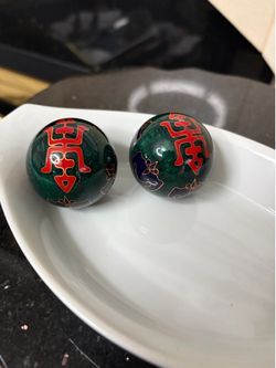 Vintage Chinese cloisonné health exercise stress baoding green/red enamel balls 1.80”