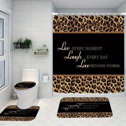4pc Brown Leopard Shower Curtain Set, Waterproof Shower Curtain with 12 Hooks