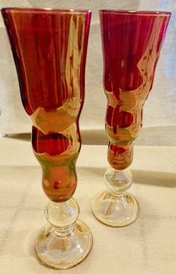 TWO (2) Heavy Glasss Ruby Red Champagne Flutes - 9” high