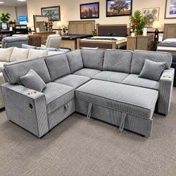 Gray Corduroy Sectional Sofa with Pull-Out Bed