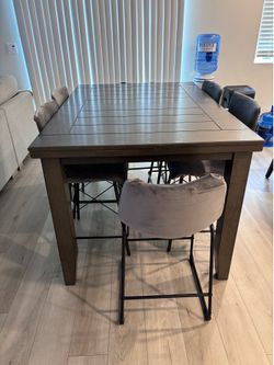 counter height dining table, and six chairs