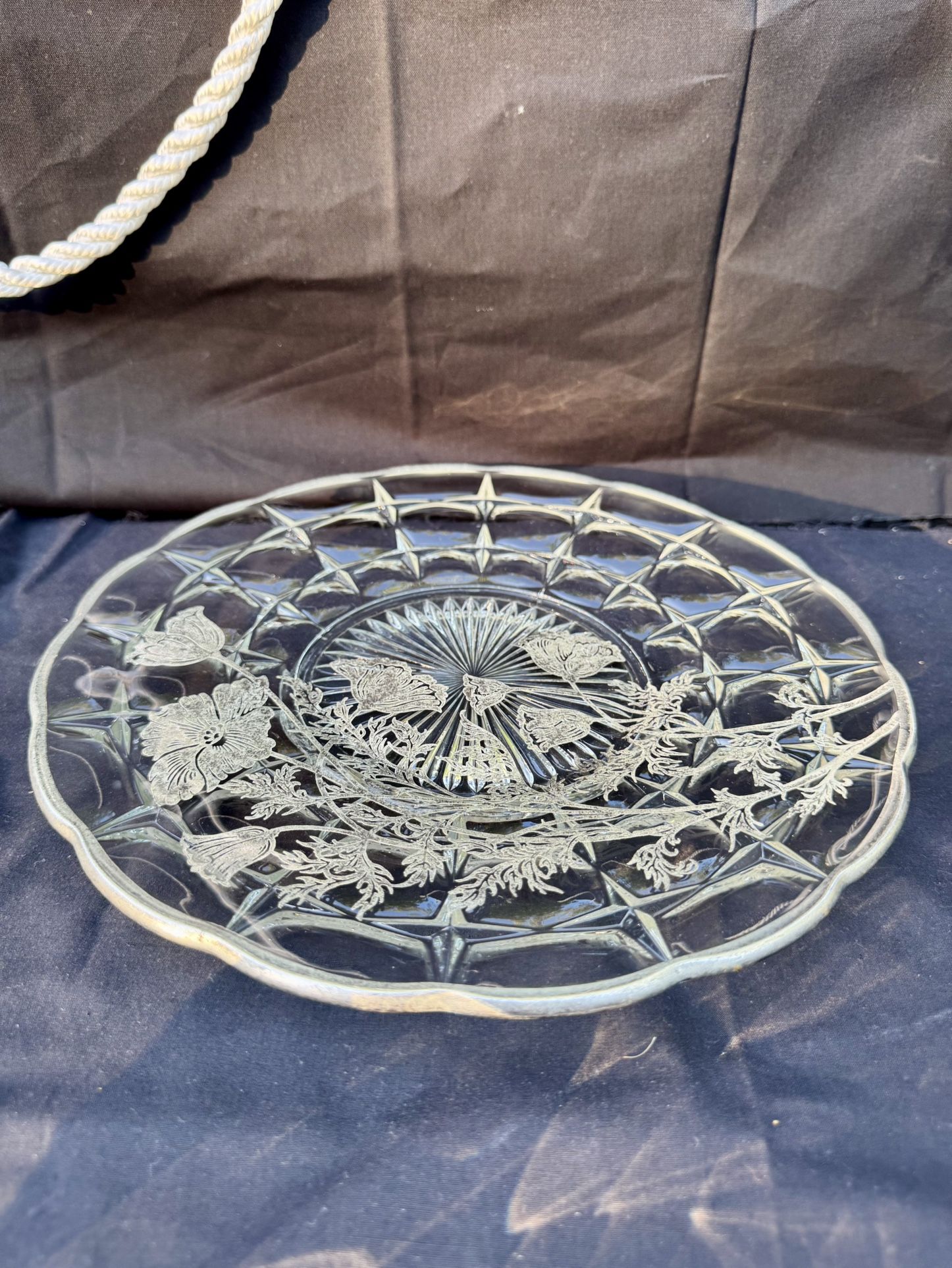 1940s Antique Silver City Glass platter with silver overlay.
