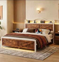 King Size Bed Frame with Charging Station and LED. Industrial Platform Bed Frame with Farmhouse Barn Door Headboard, Strong Metal Slats Support, Noise