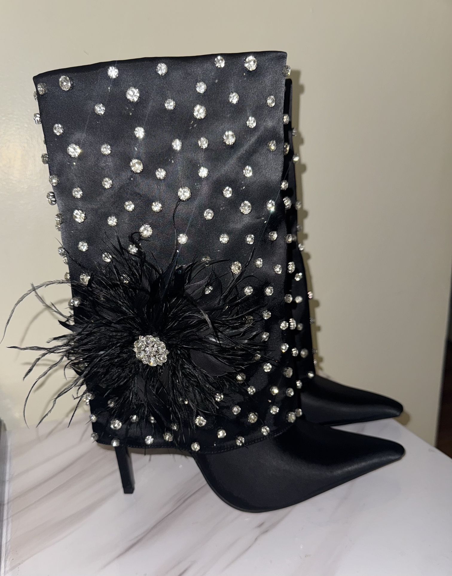 AZALEA WANG Blaise Rhinestone Black Stiletto Mid Calf Booties Size 8,5