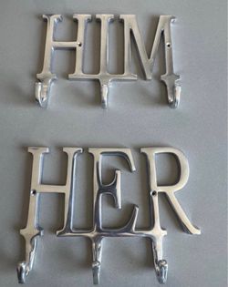 Silver Metal HIM & HER Wall Hooks - Set of 2
