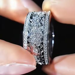 Men's Women's Tungsten Carbide Clockwork Design Rotatable Cubic Zirconia Comfort-Fit Engagement Wedding Band 11