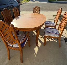Vintage Solid Oak Dining Table & 6 Lattice-Back Chairs Set