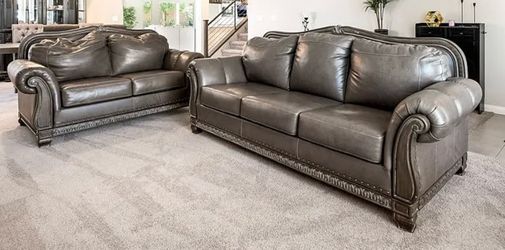 Ashley Malacara Genuine Leather Sofa & Loveseat Set – Quarry Gray – Excellent Condition