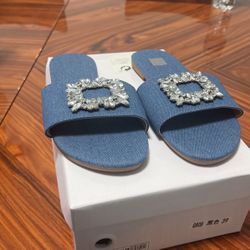 Brand New Blue Slippers With Brooch Size 38
