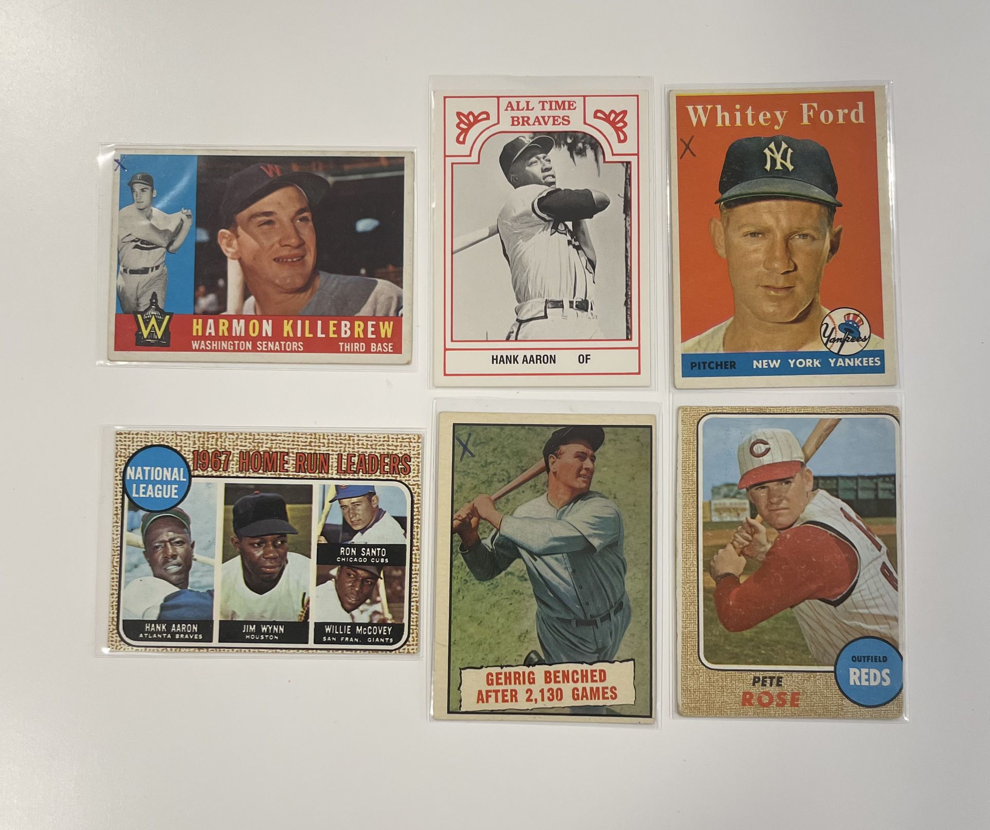 Lot Of 6 Baseball Cards Pete Rose, Whitey Ford, Hank Aaron $150