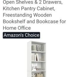 MAT EXPERT 71” White Tall Bookcase, Modern Display Storage Cabinet with 4 Tier Open Shelves & 2 Drawers, Kitchen Pantry Cabinet, Freestanding Wooden B