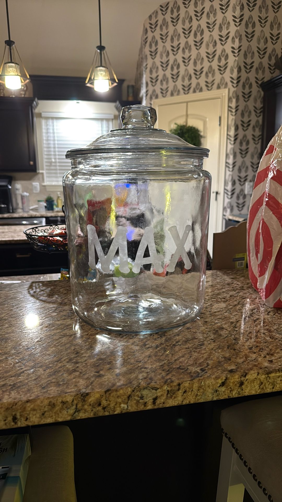 2 Gallon Glass Jar With Lid Etched With The Name “Max”