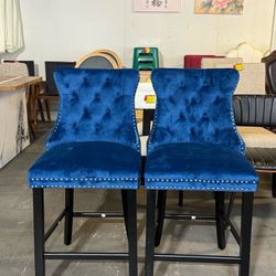 🔥Set of 2🔥Velvet Upholstered Dining Bar Chairs Counter Height Barstools Wood Legs with Button Tufted Nailed Trim Back Ring for Home Bar Dining Room(
