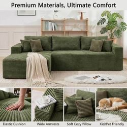 Green Corduroy L-Shaped Sectional Sofa