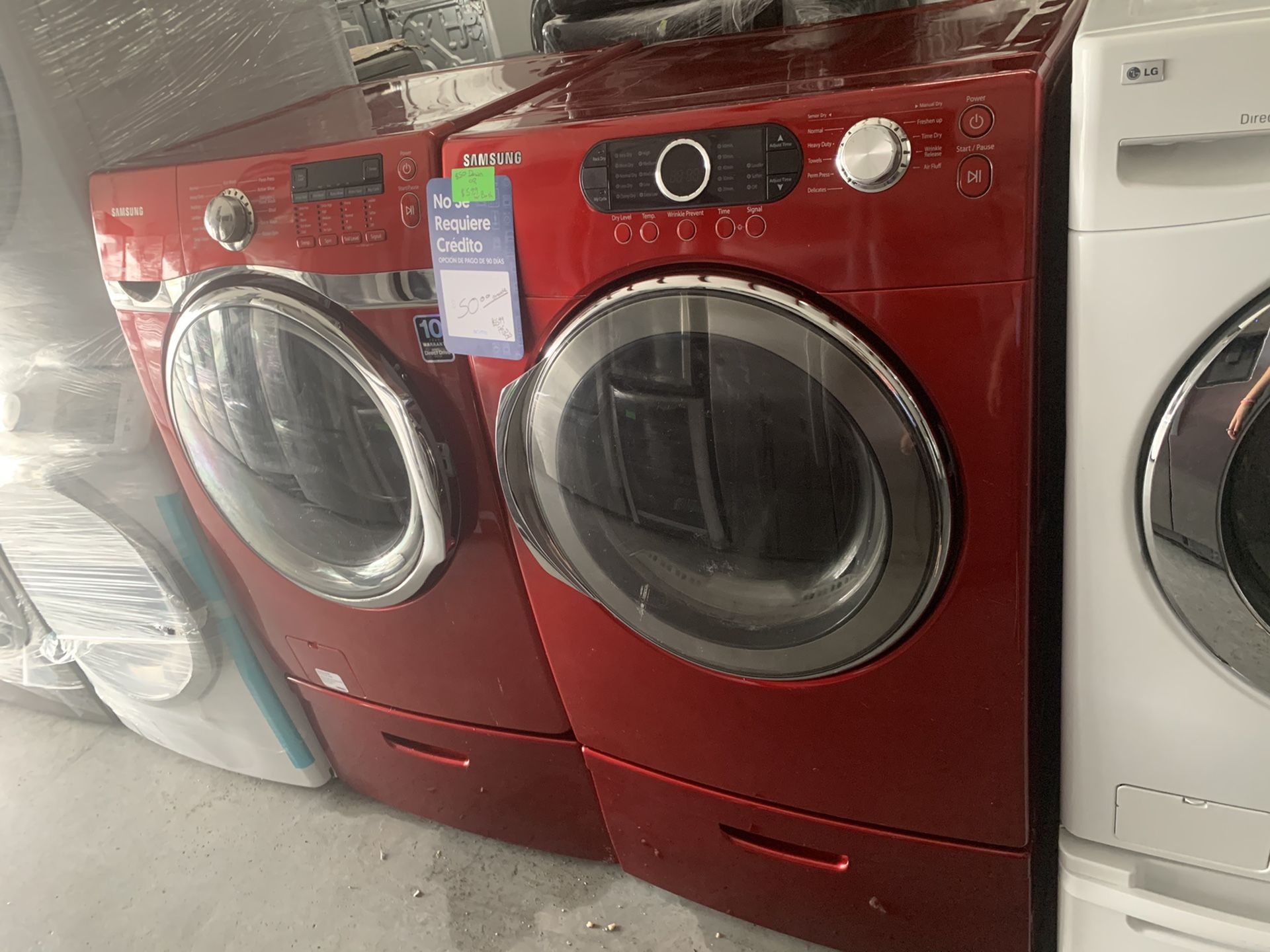 Cherry red front load electric washer and dryer set