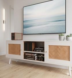 Modern TV Stand with Storage Cabinets, White Entertainment Center for Living Room, Media Console Tab
