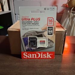 SanDisk Ultra PLUS Brand New MICROSDHC UHS-I CARD W ADAPTER 16 GB 98 SPEED SEALED 