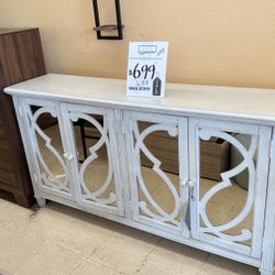 Rustic Farmhouse Off White 68” Wide Wood Mirror Accent Cabinet