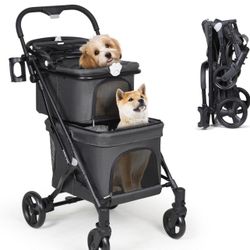 T1 Double Pet Stroller for 2 Small Dogs or Cats Lightweight Foldable Double Cat Stroller with Detachable Carrier (Black)