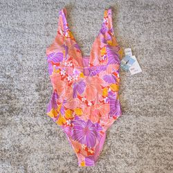 NWT Roxy Bell Bottom Blooms Tropical Plunge Juniors One Piece Bathing Suit Sz XL