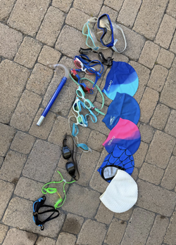 Swim caps, goggles, and snorkel