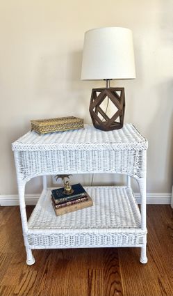 White Wicker End Table